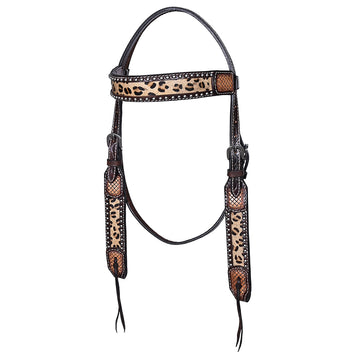 Hilason Western Horse Hand Tooled American Leather Headstall Cheetah Print Dark Brown
